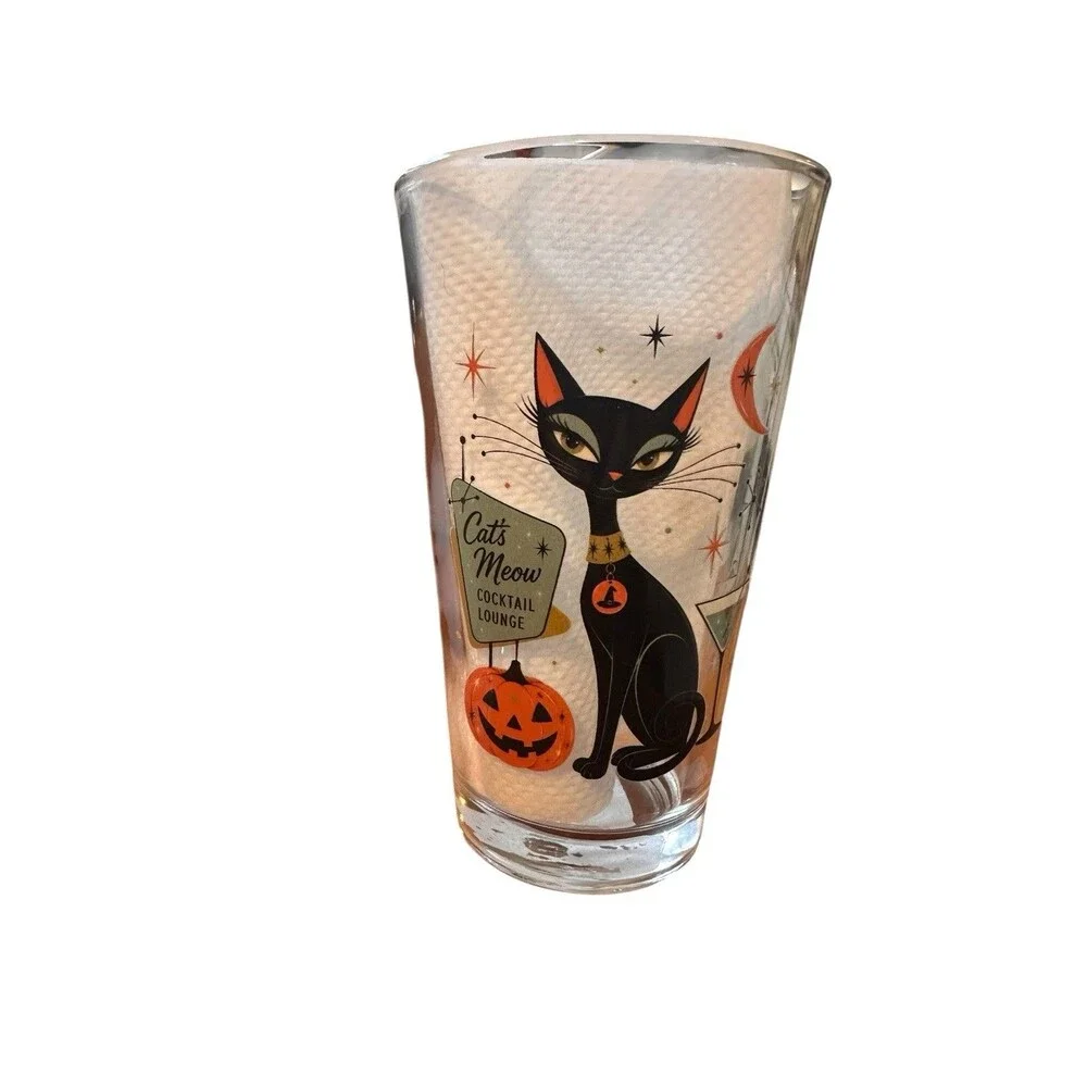 2- 16 oz Retro Halloween Black Cat Cocktail Glass, Heavy Pilsner Beer Glass